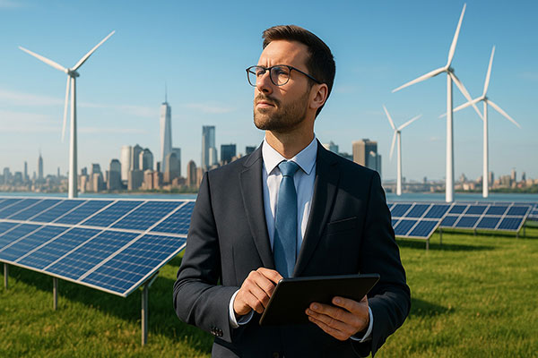 paisagem com senhor com tablet, com ventoinhas eólicas e paineis solares